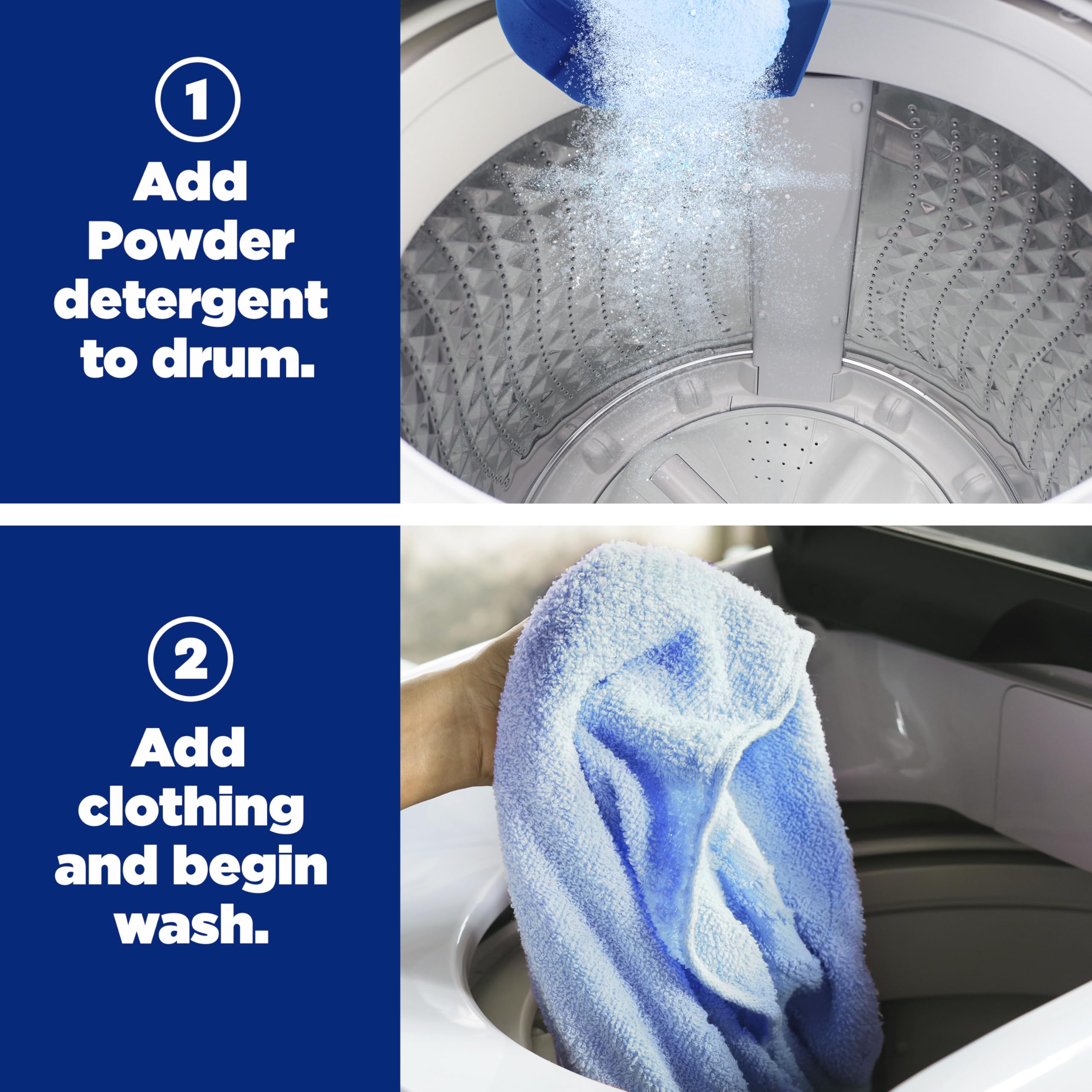 ARIEL Ultra Oxi Powder measuring scoop demonstrates easy-to-use dosing.
