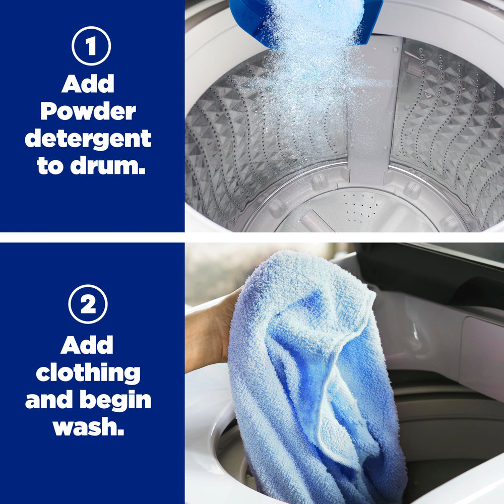 ARIEL Ultra Oxi Powder measuring scoop demonstrates easy-to-use dosing.