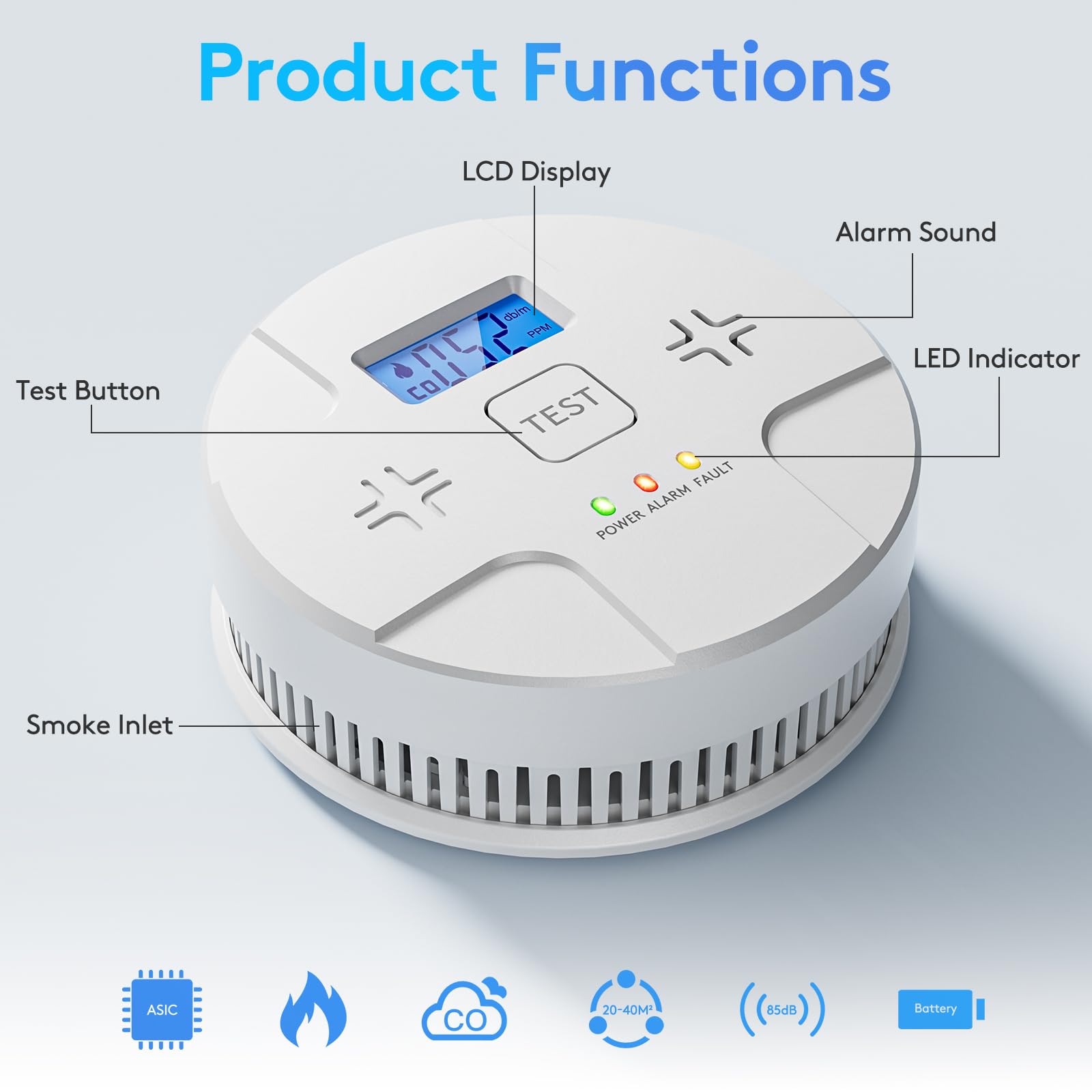 ARIKON smoke and CO detector with 85dB alarm for quick alerts