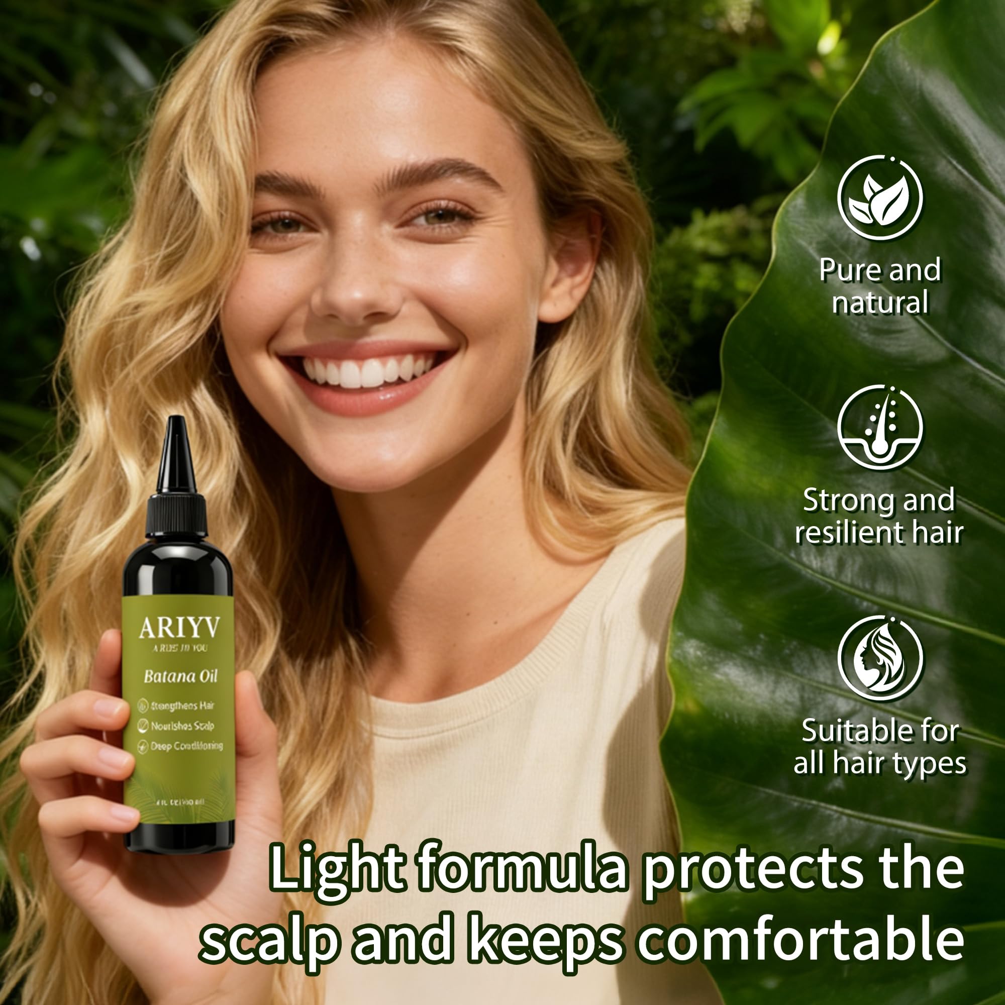 A bottle of Ariyv Batana Oil beside dry hair for moisture.