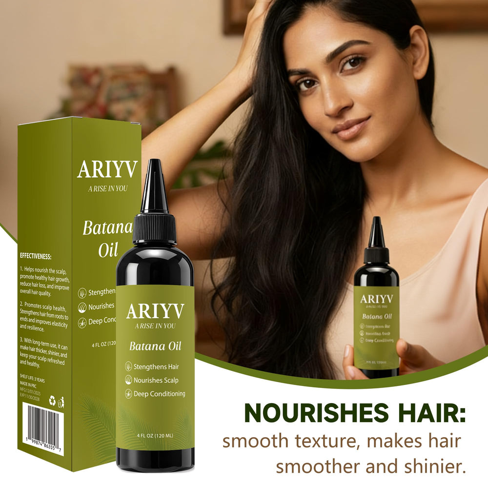 Hands applying Ariyv Batana Oil to the scalp for nourishment.