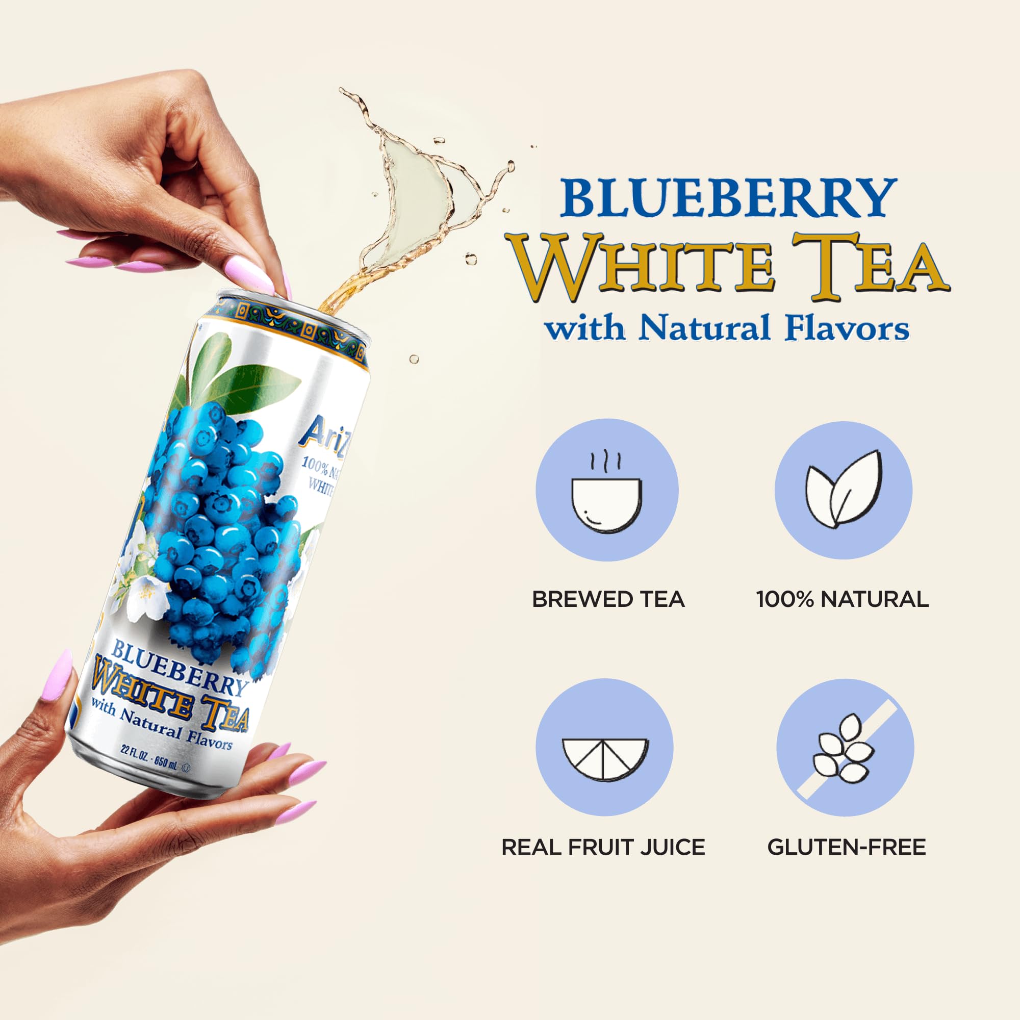 Close-up of AriZona Blueberry White Tea with blueberries and pears flavor.