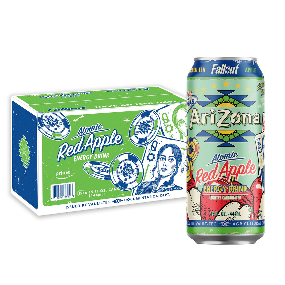 Arizona Fallout red apple green tea energy drink can with 190 mg caffeine for an on-the-go boost.