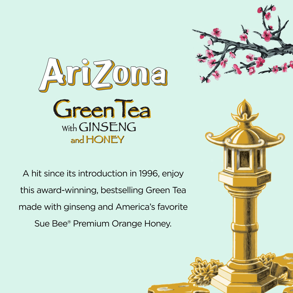 A close-up of the AriZona label showing ginseng and honey notes for warmth