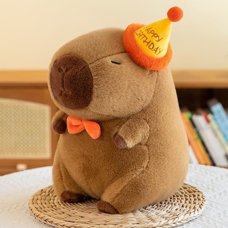 Arkdorz capybara plush with birthday hat, a unique keepsake for celebrations.