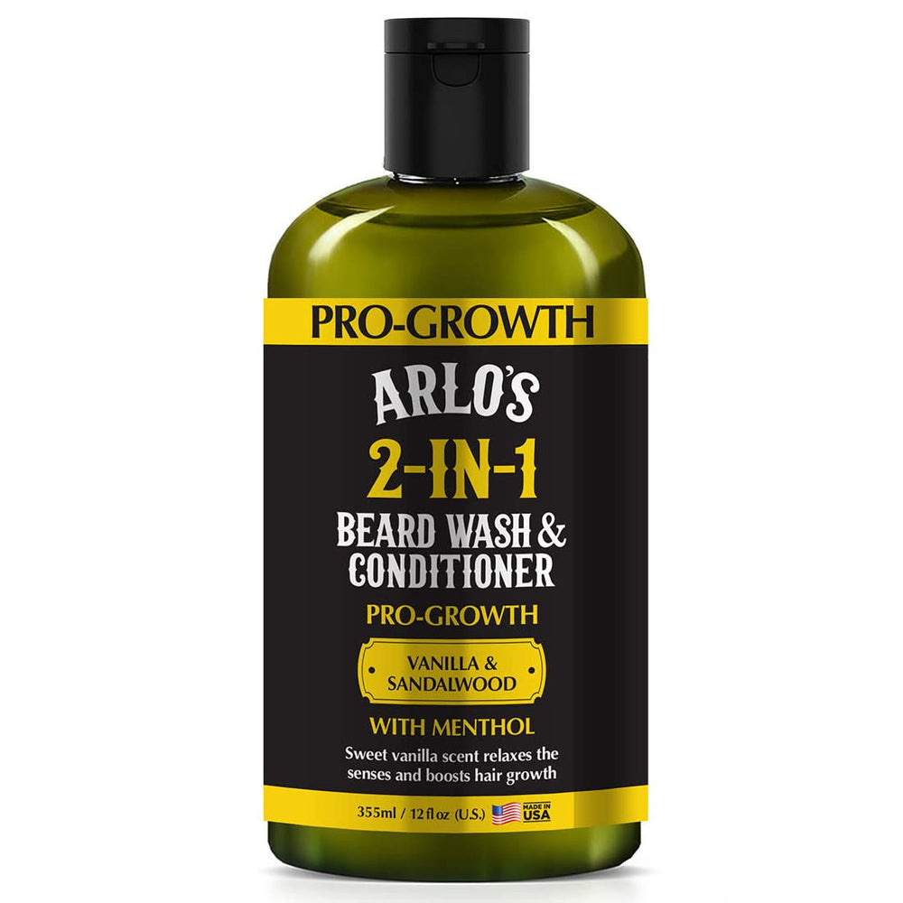 Arlo's Pro-Growth beard wash bottle with vanilla sandalwood and menthol for a refreshing cleanse.