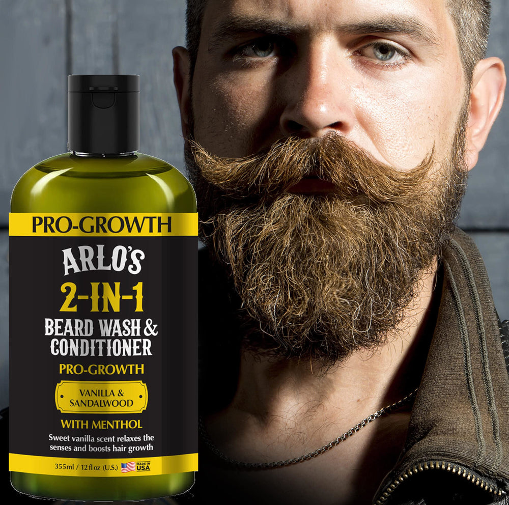Arlo's Pro-Growth bottle close-up shows vanilla sandalwood menthol cooling scent.