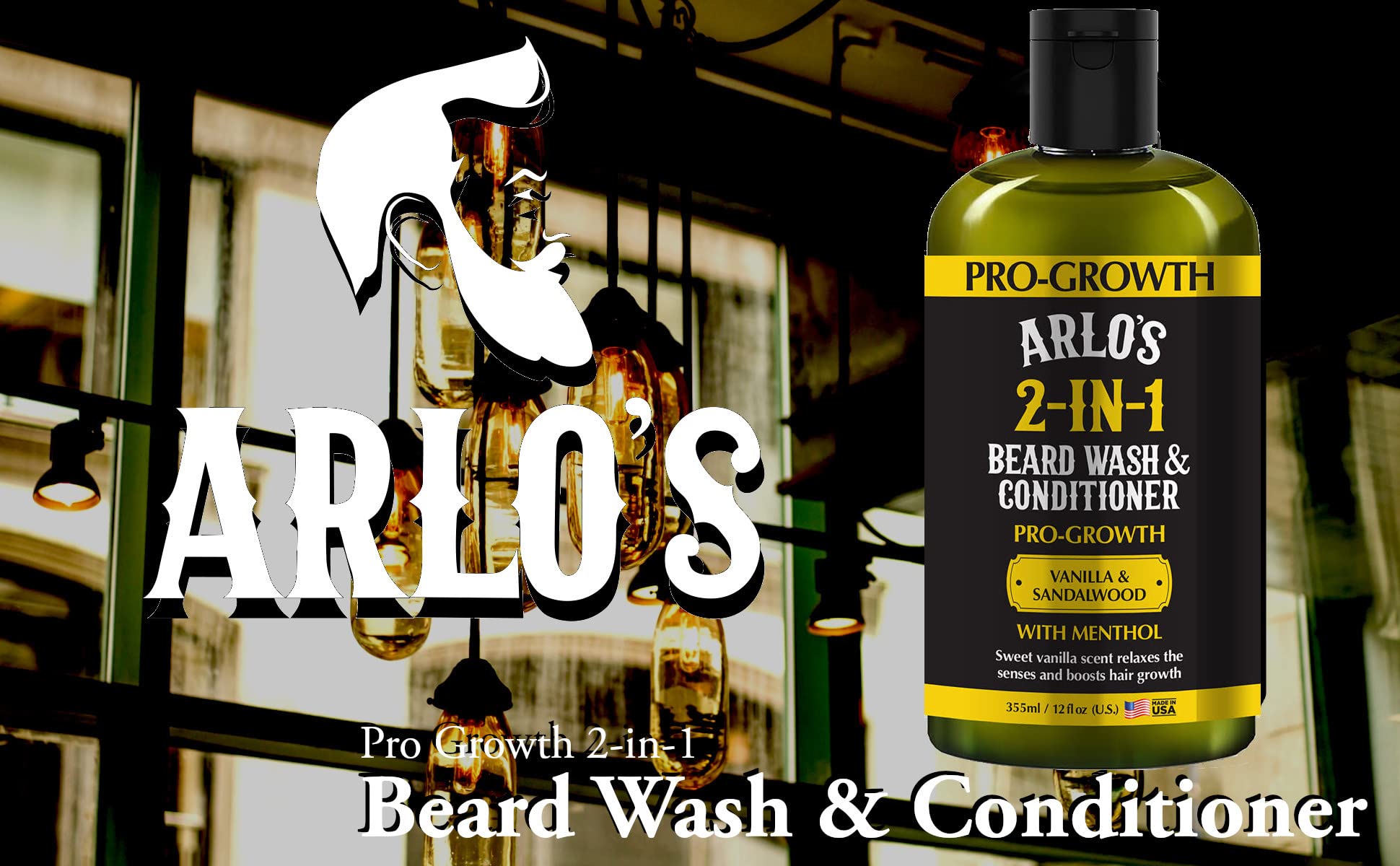 Arlo's Pro-Growth wash on sink for daily beard care.