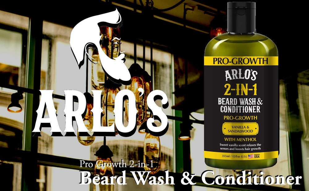 Arlo's Pro-Growth wash on sink for daily beard care.