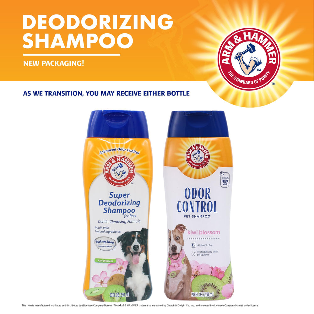 Arm & Hammer baking soda formula shampoo bottle close-up highlighting deodorizing action