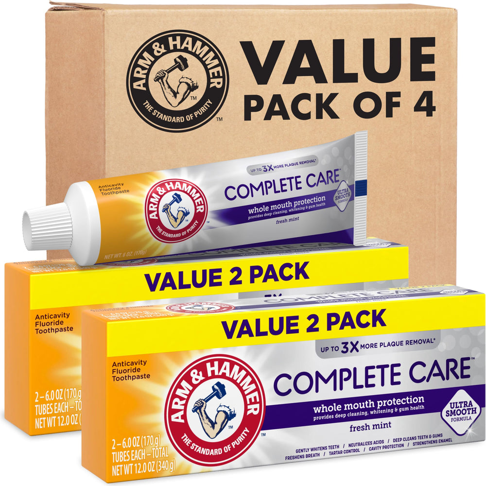 Arm & Hammer Complete Care toothpaste front-pack for all-in-one oral care.