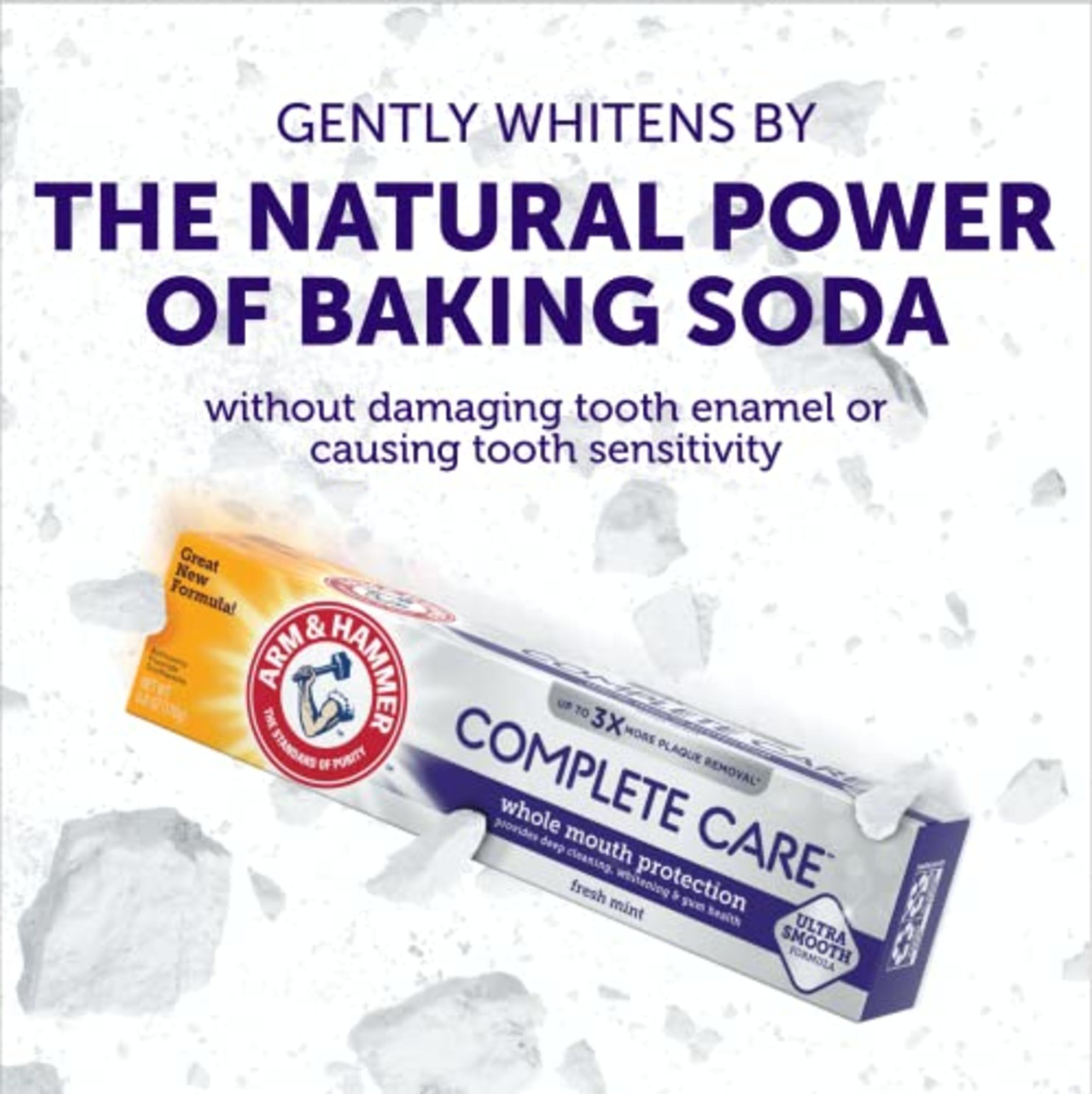 Stain-removal close-up highlighting whitening effect of Arm & Hammer toothpaste.