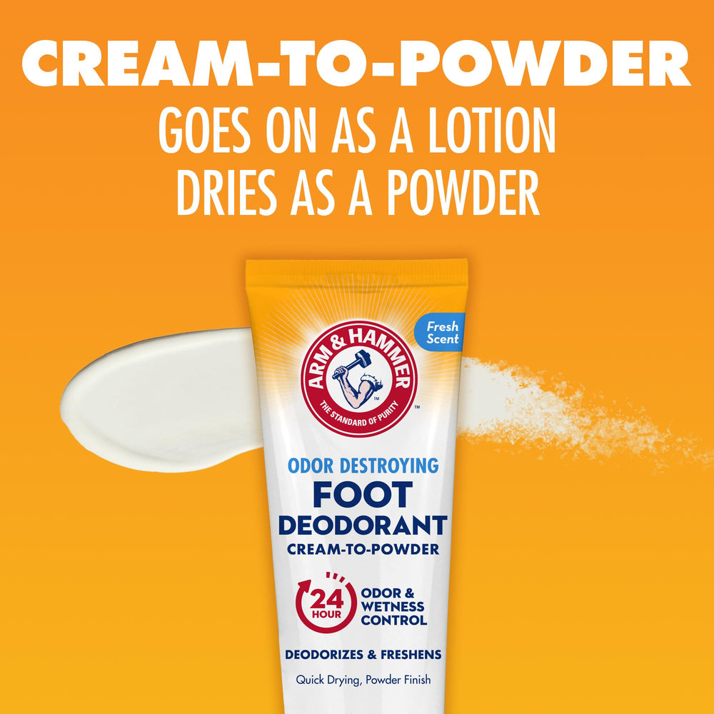 Arm & Hammer Cream to Powder Foot Deodorant provides 24-hour protection in use.