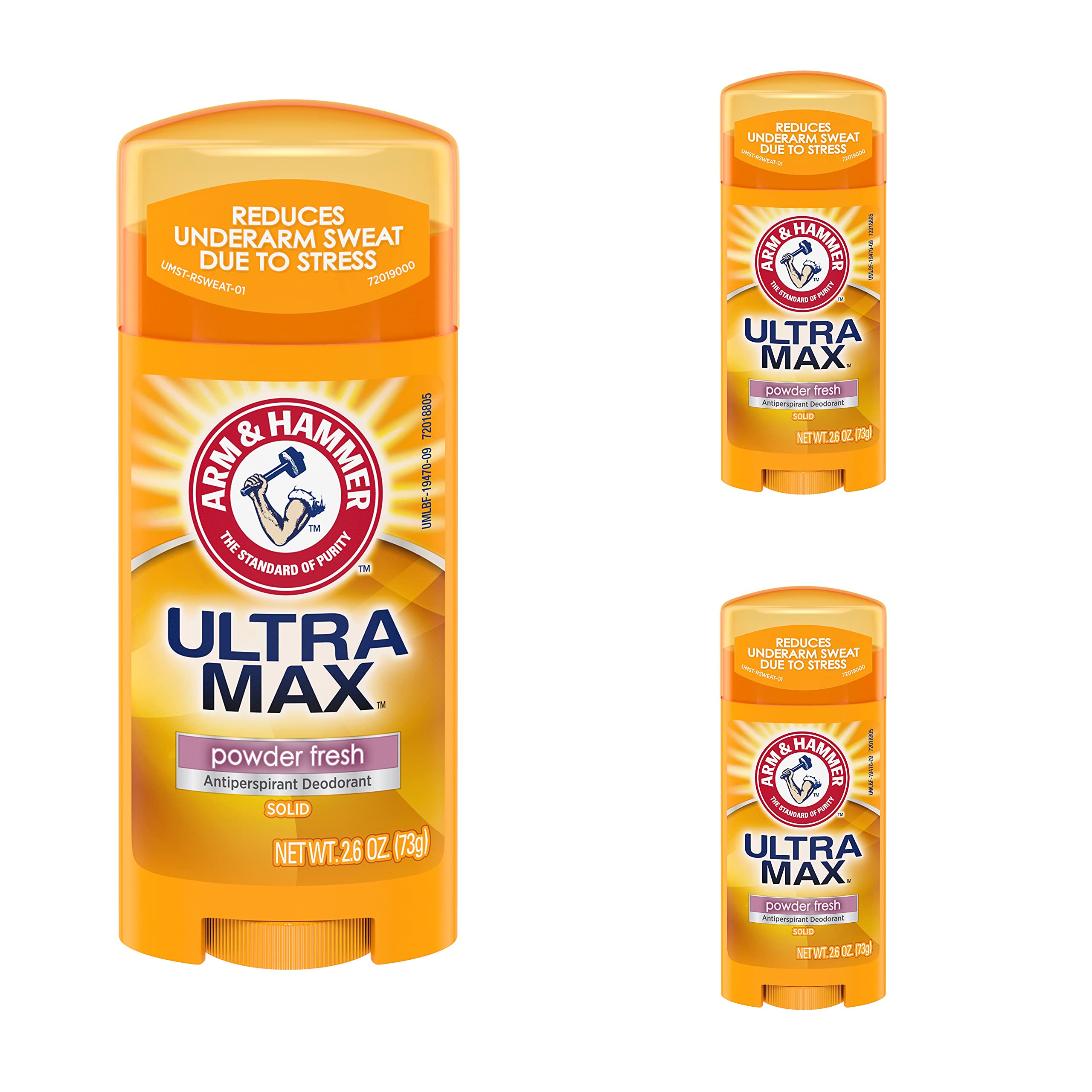 Arm & Hammer solid deodorant in oval packaging with powder fresh scent for daily sweat control.