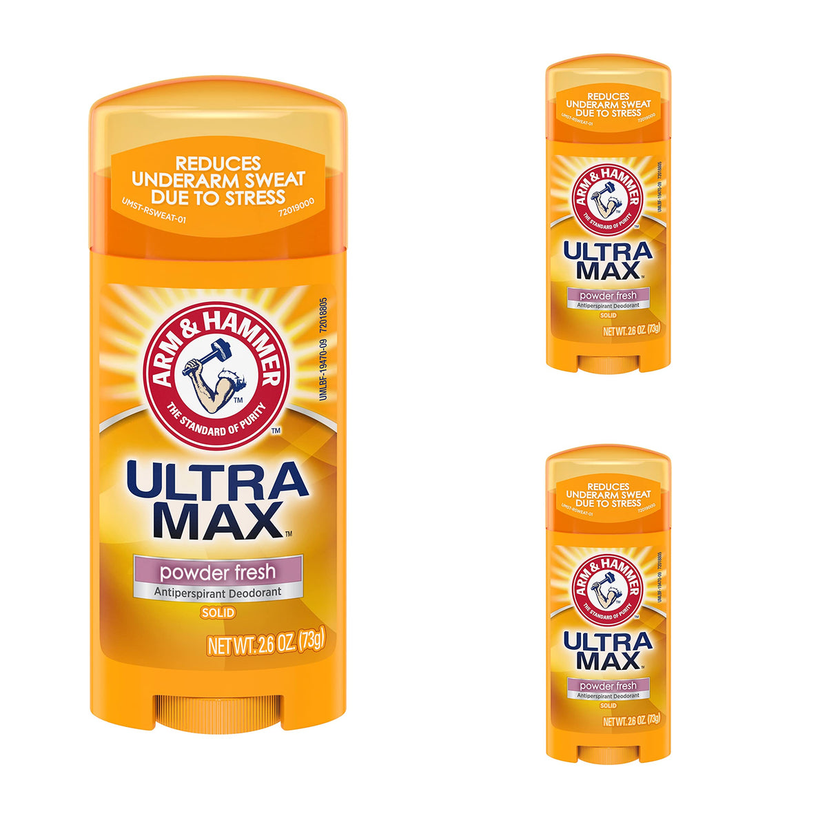 Arm & Hammer solid deodorant in oval packaging with powder fresh scent for daily sweat control.