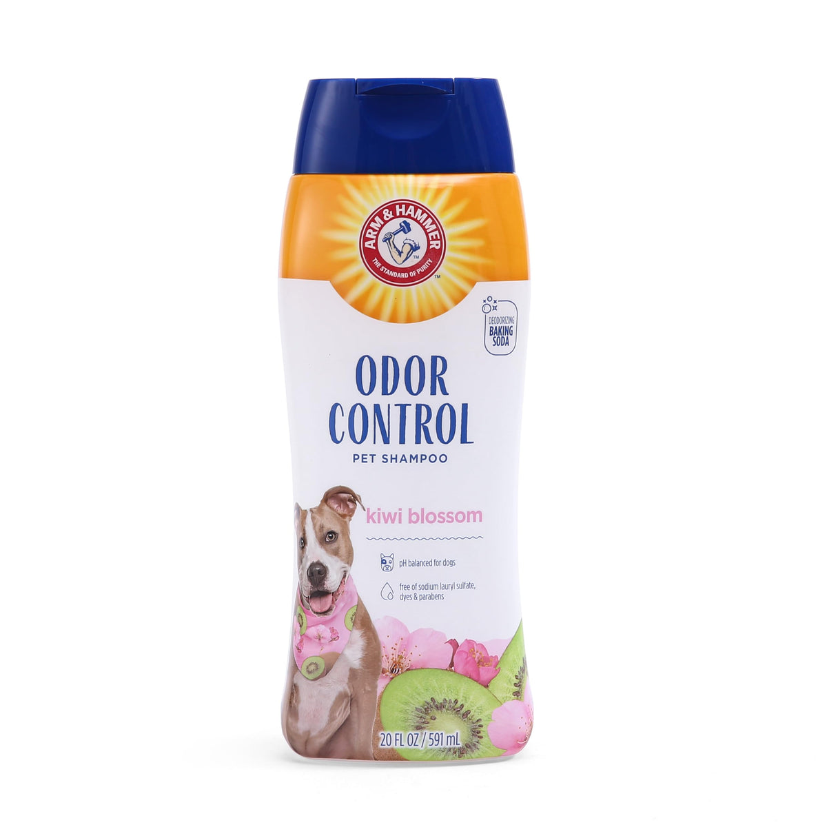 Arm & Hammer deodorizing dog shampoo bottle front showing packaging and emphasis on odor control