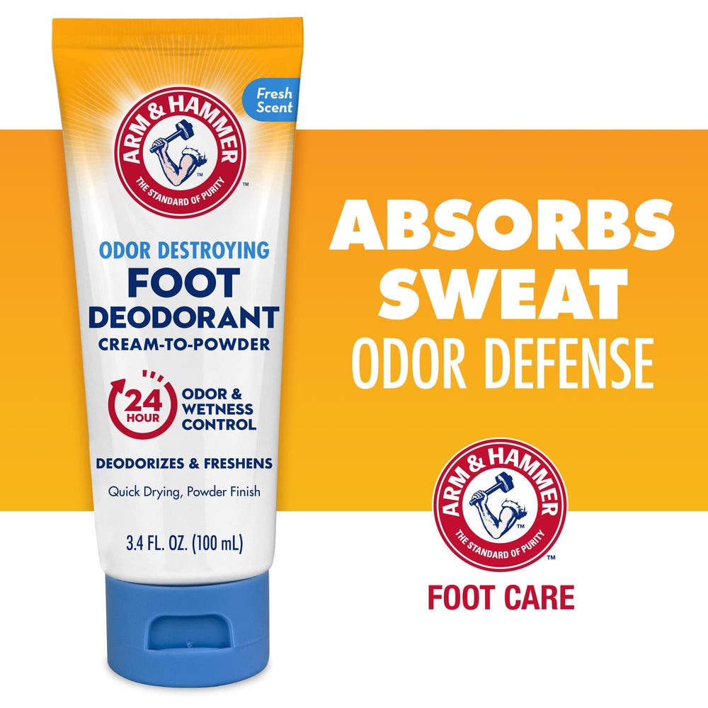 Arm & Hammer Dermatologist-tested foot deodorant shown in a lifestyle setup.