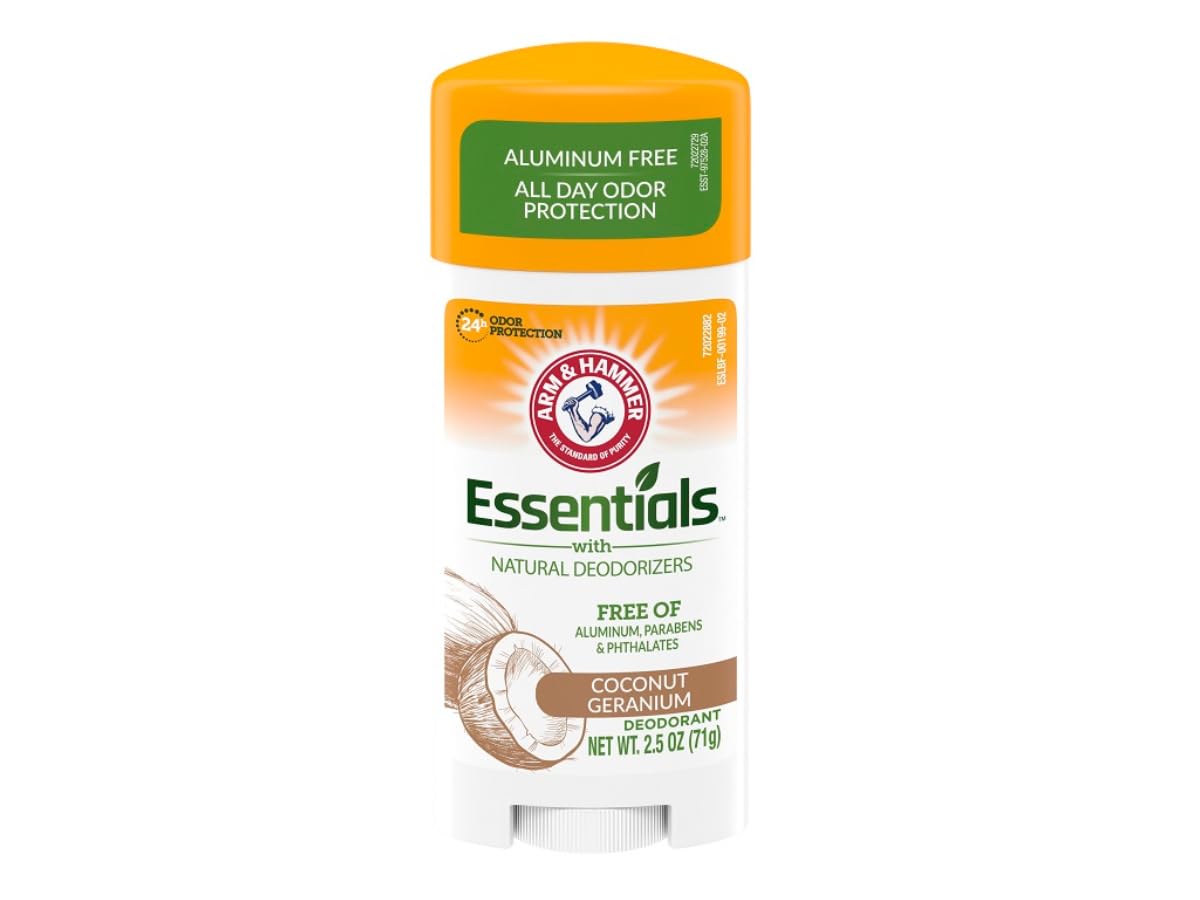 Arm and Hammer Essentials Coconut Geranium deodorant application for long-lasting scent.