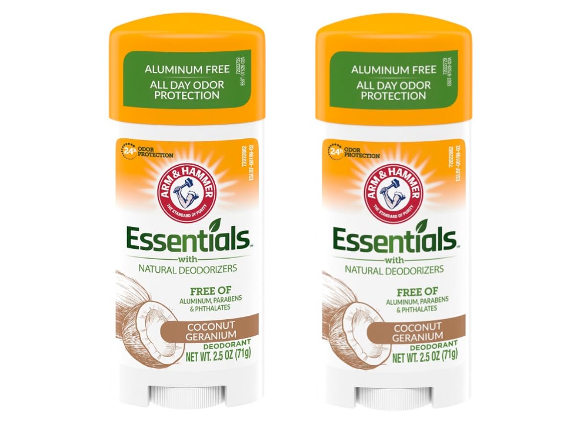Arm and Hammer Essentials Coconut Geranium deodorant bottle for everyday freshness.