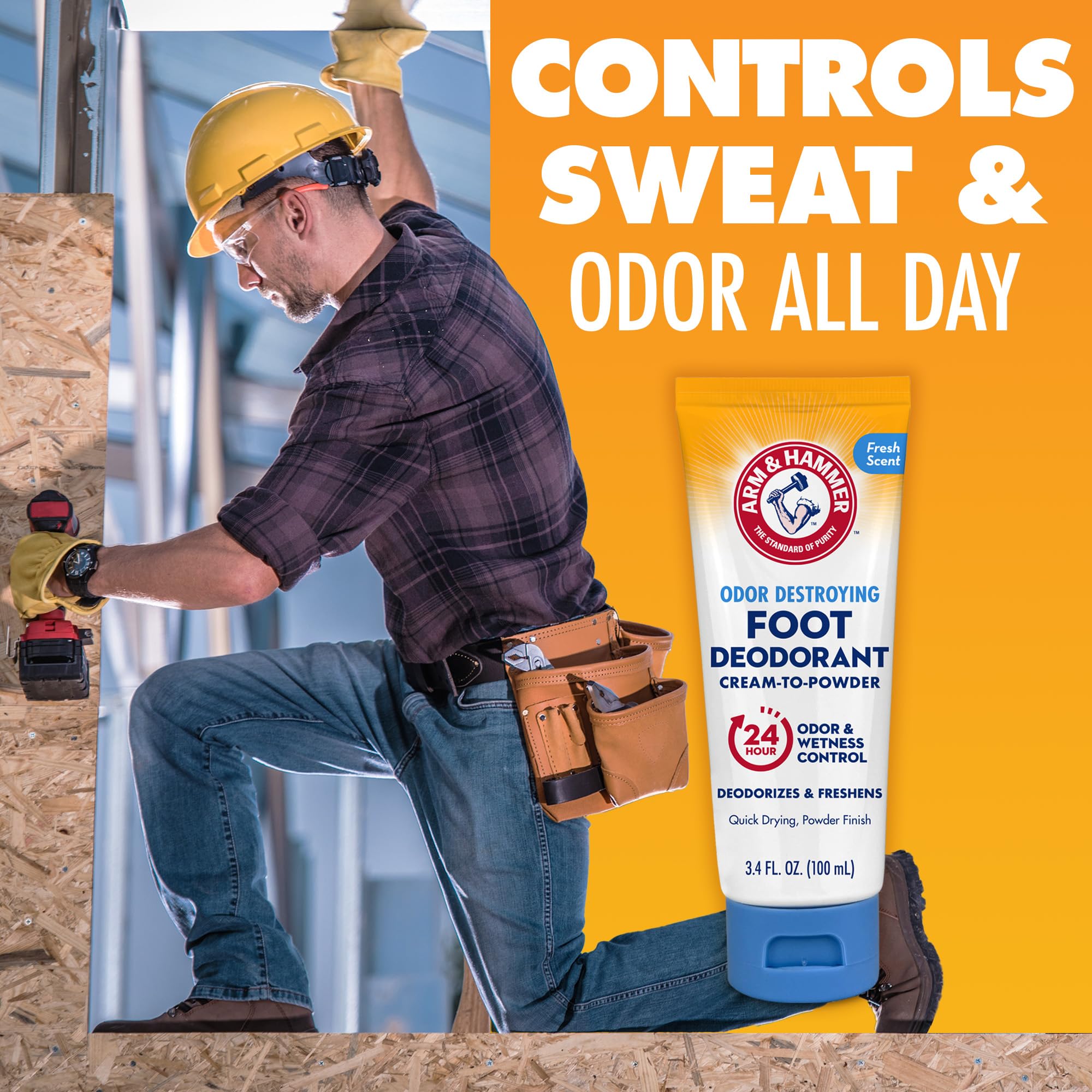 Arm & Hammer Foot Deodorant bottle with close-up focus on dispensing design.