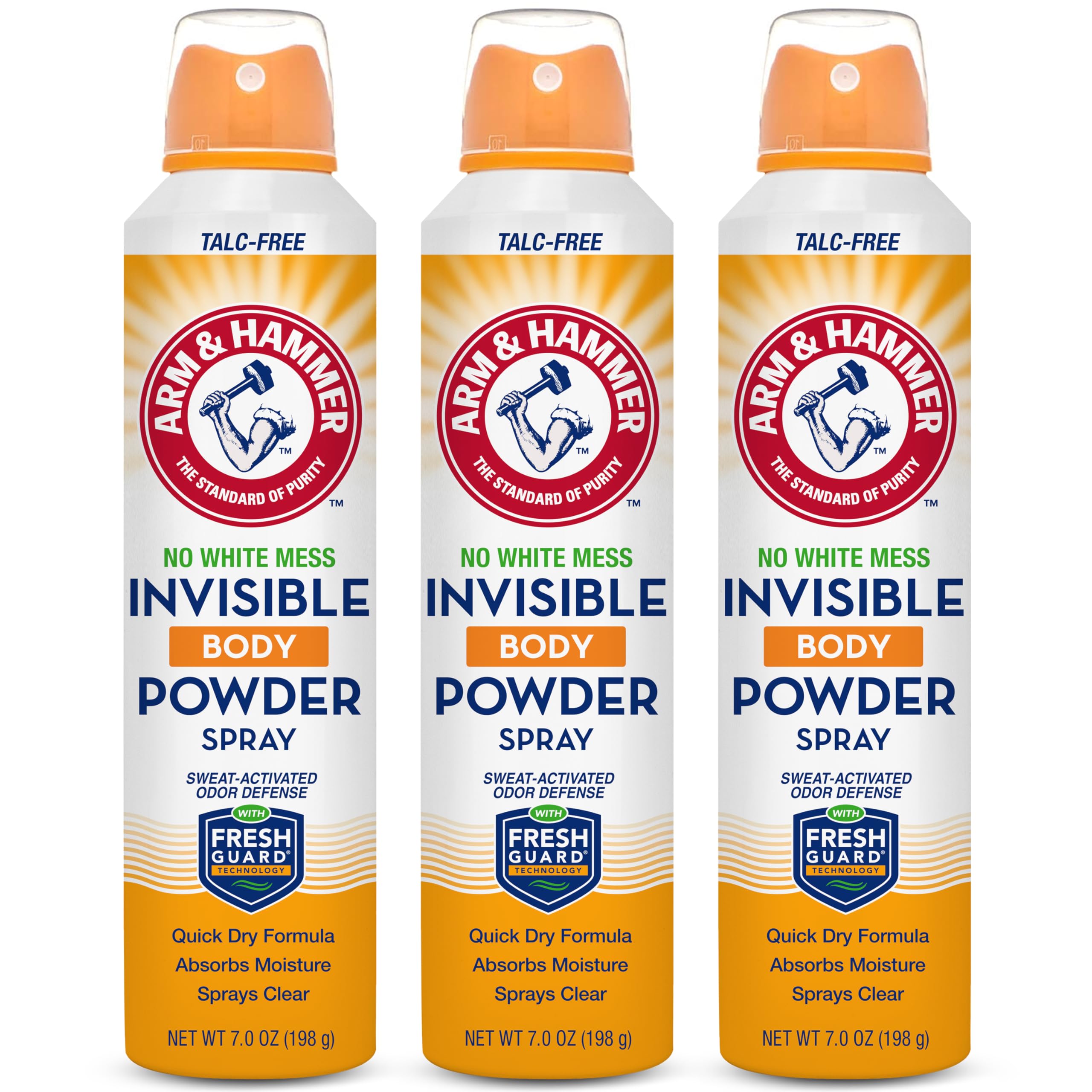 Arm & Hammer invisible body powder spray bottle for all-day freshness and moisture control.