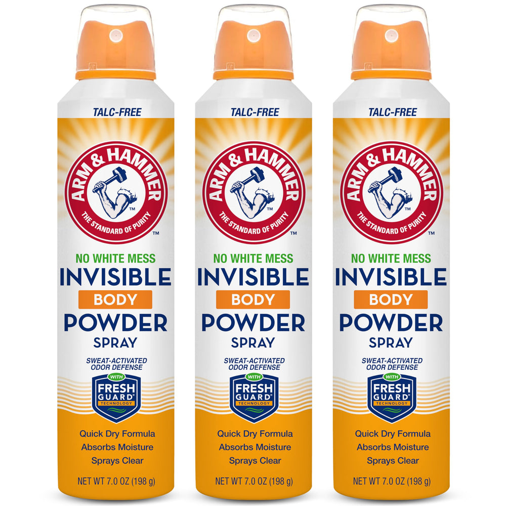 Arm & Hammer invisible body powder spray bottle for all-day freshness and moisture control.