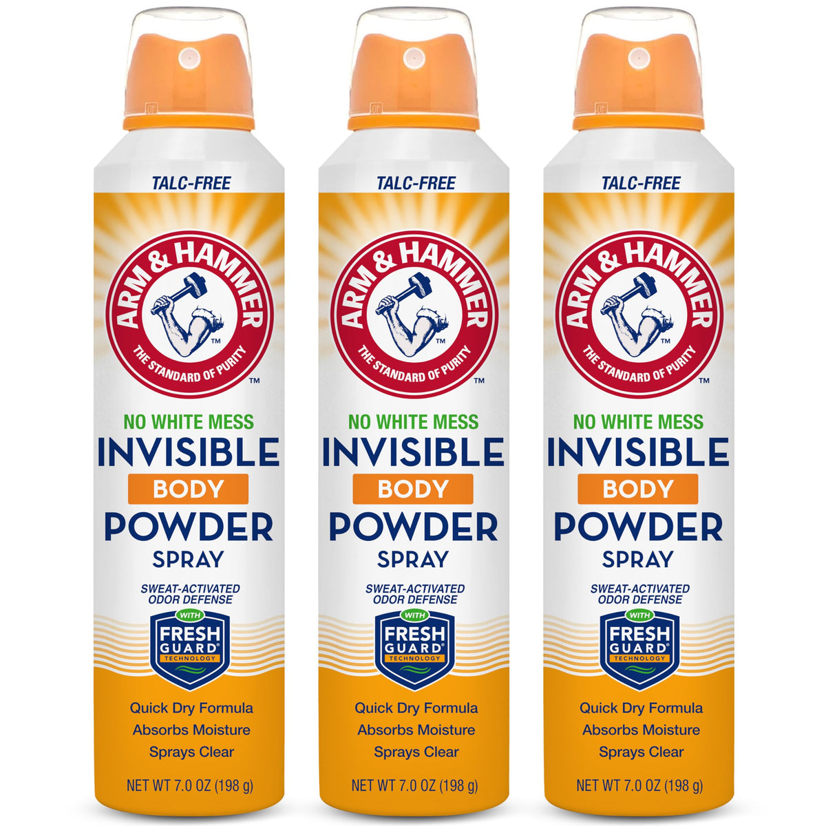 Arm & Hammer invisible body powder spray bottle for all-day freshness and moisture control.