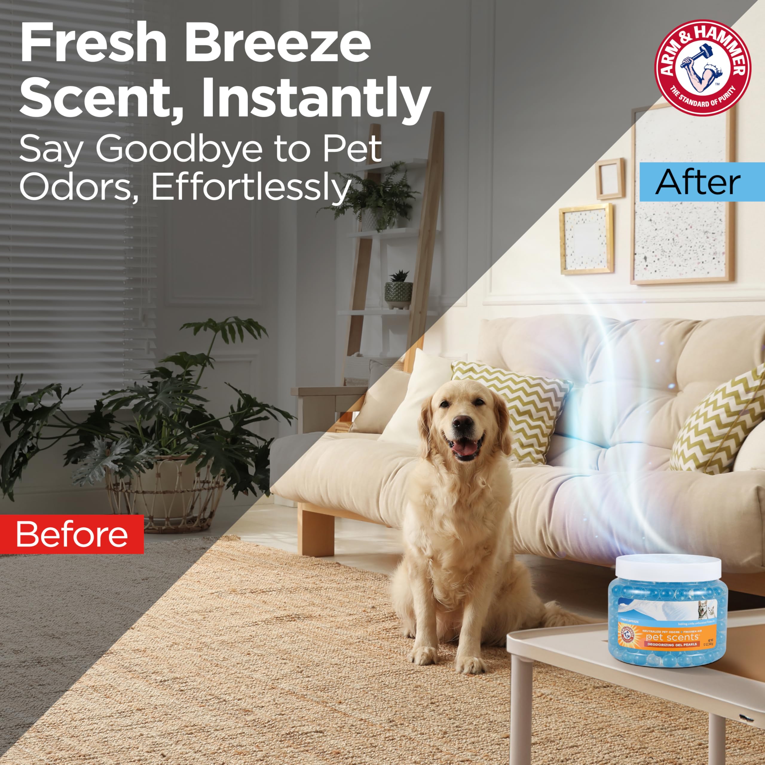 Arm & Hammer for Pets Fresh Breeze scent beads provide light room freshness.