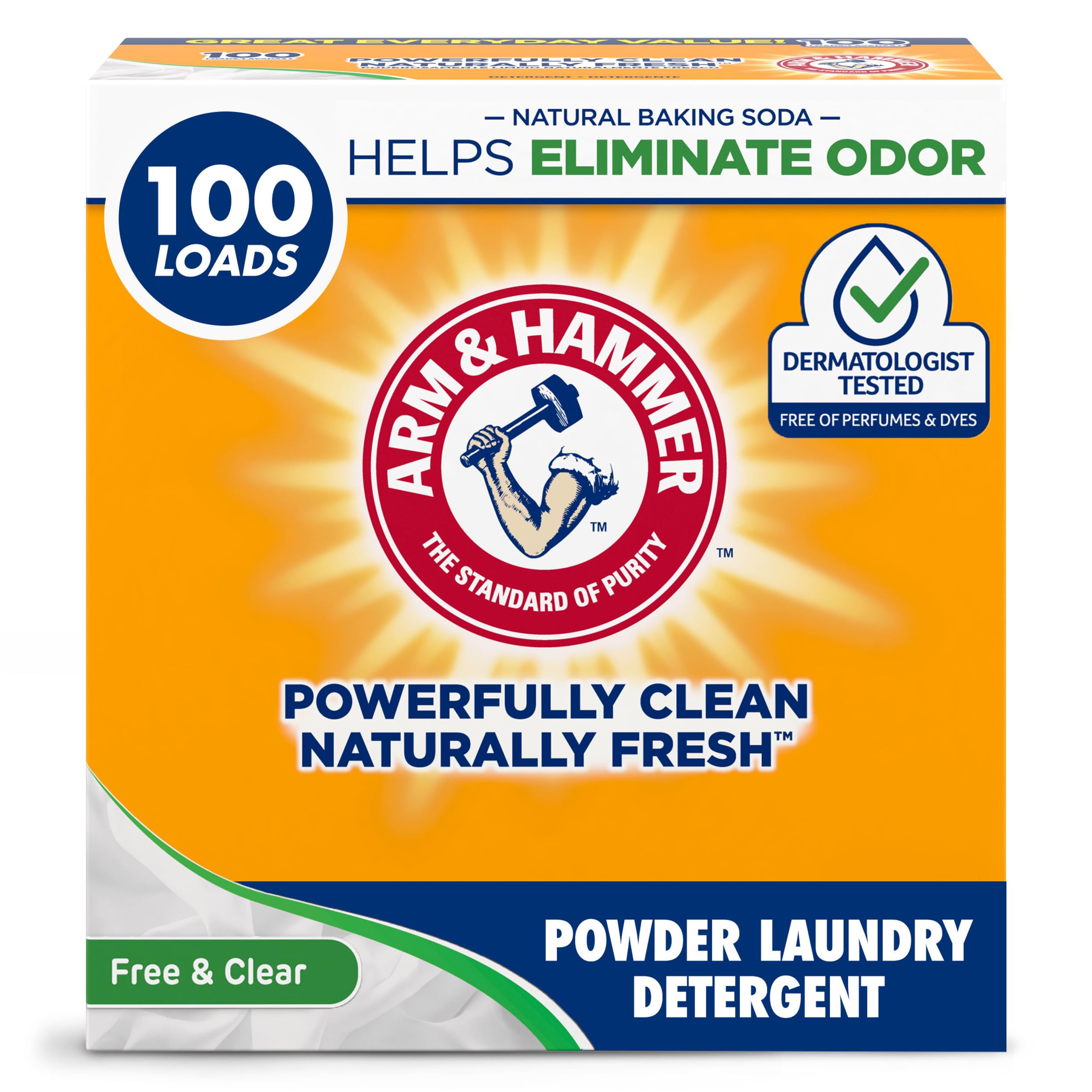 Arm & Hammer powder laundry detergent bottle front view, perfume- and dye-free.