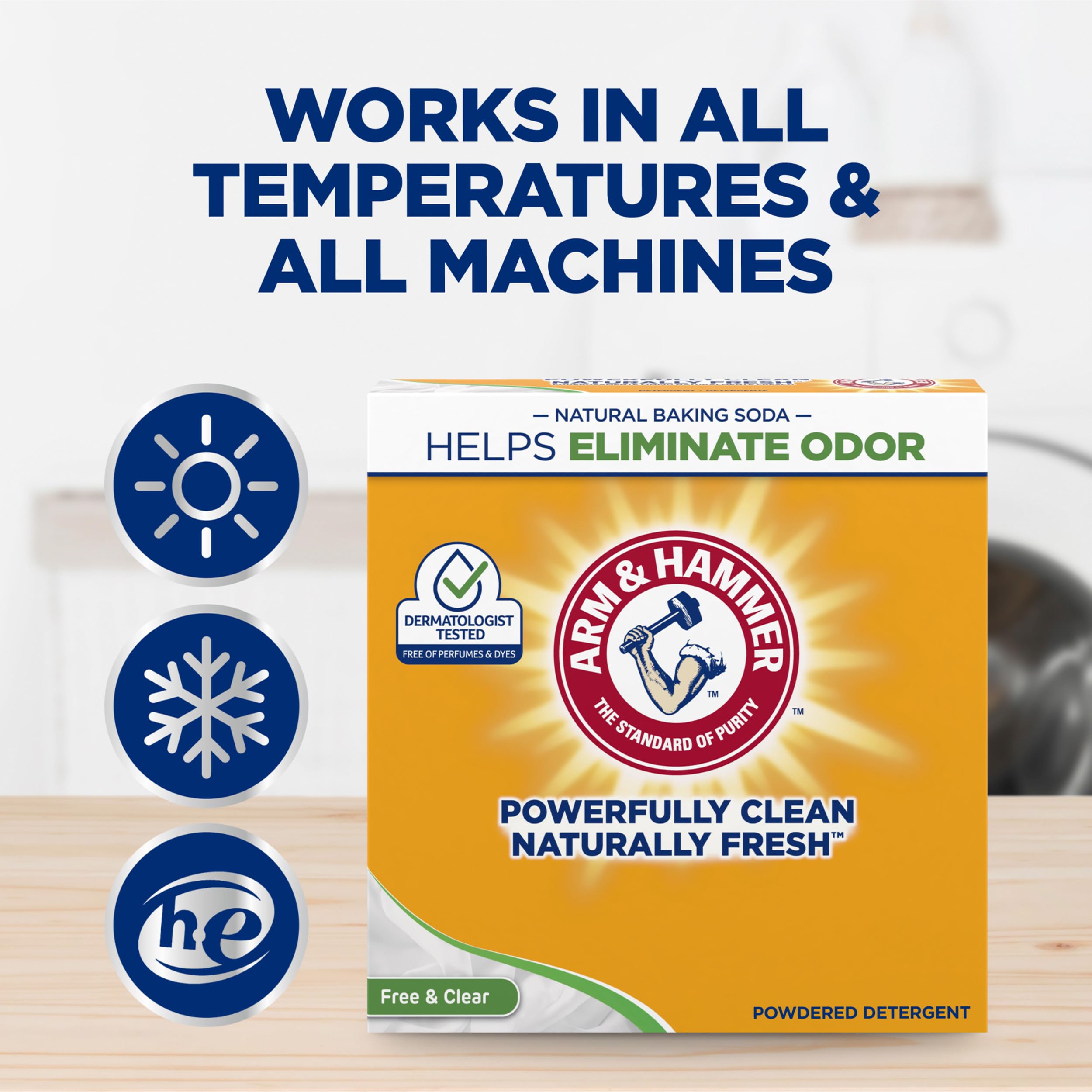 Arm & Hammer powder detergent shown in an HE washer compatible setup.