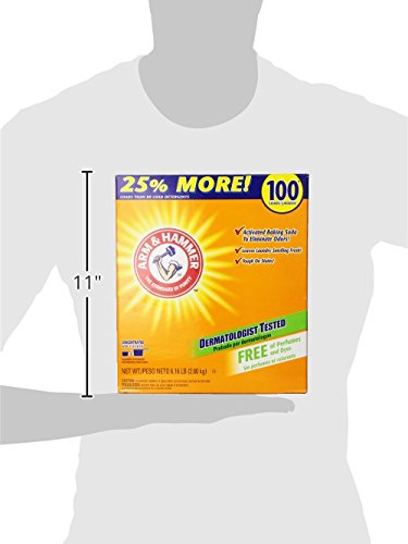 Arm & Hammer powder detergent being poured into washer for cold water cleaning.