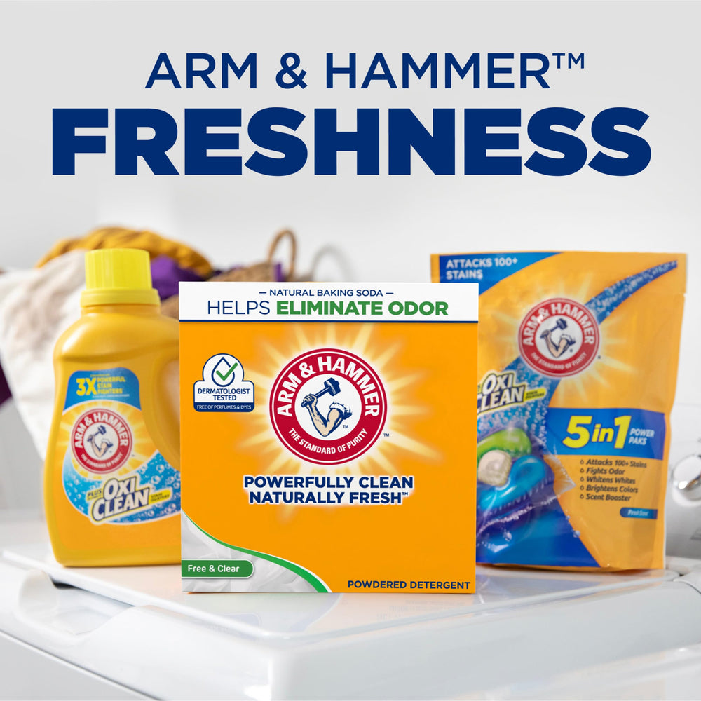 Arm & Hammer powder detergent triple action cleans, brightens, and refreshes.