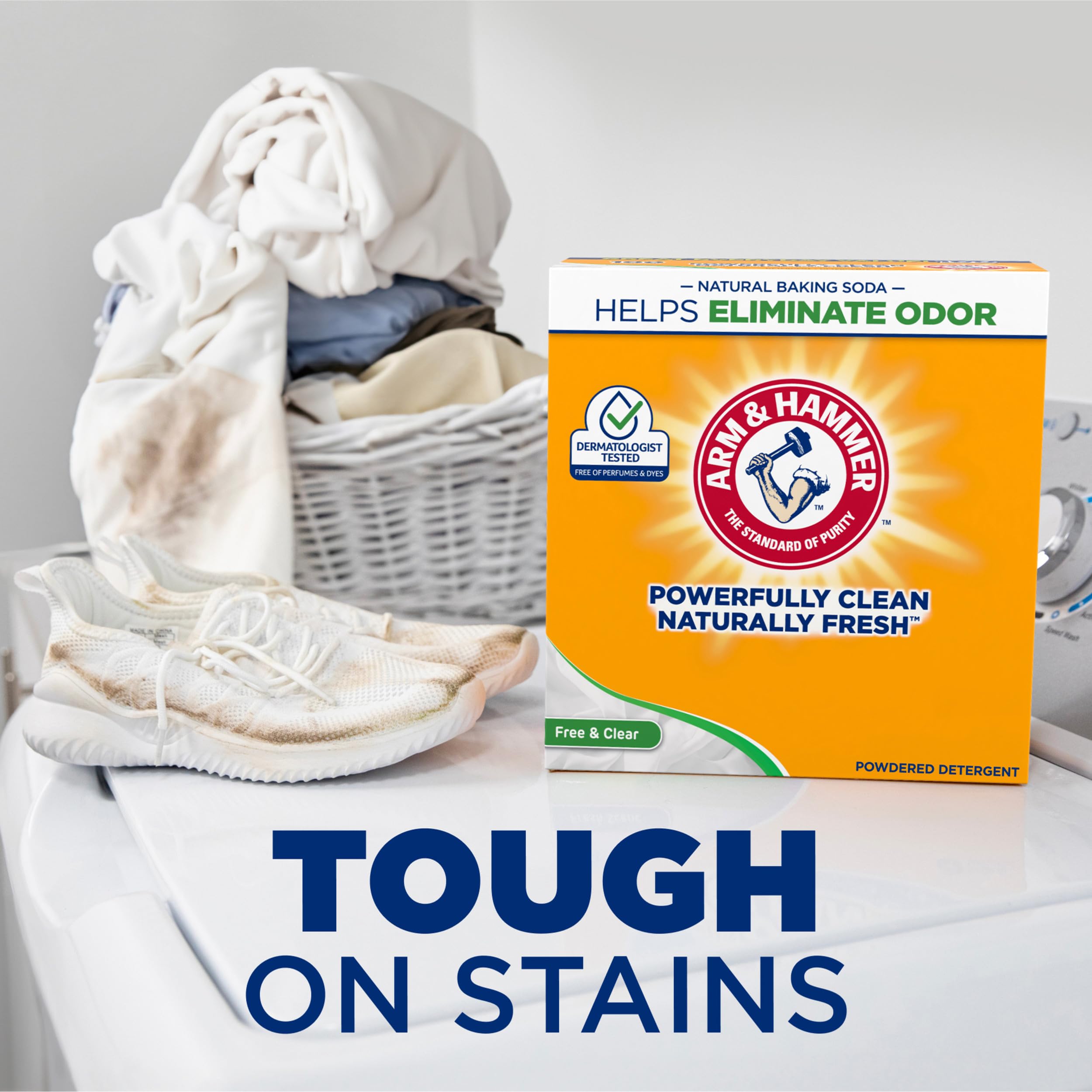 Arm & Hammer powder detergent removes stains to brighten fabrics.