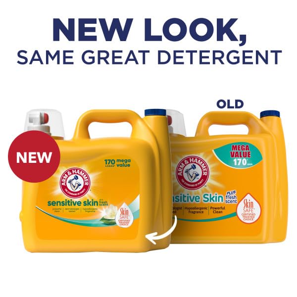 Arm & Hammer Sensitive Skin label closeup shows dye-free formula and dermatologist-tested safety.
