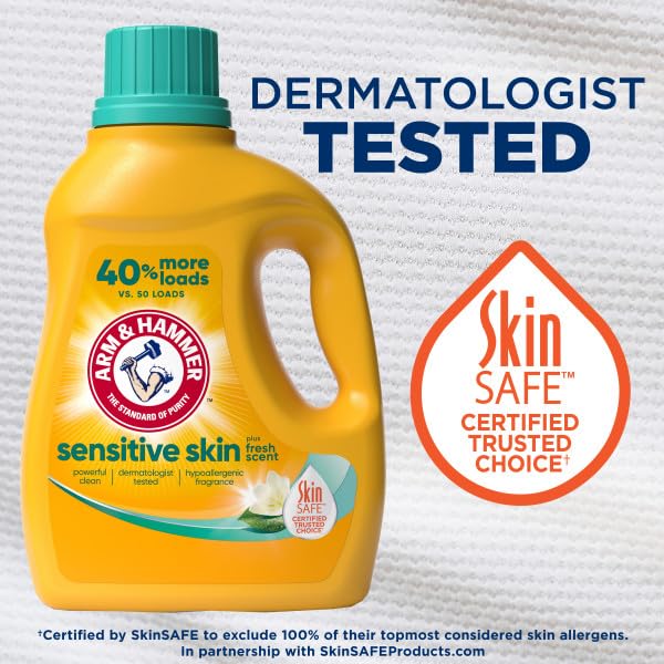 Arm & Hammer Sensitive Skin machine dosage illustrates HE compatibility for efficient washing.