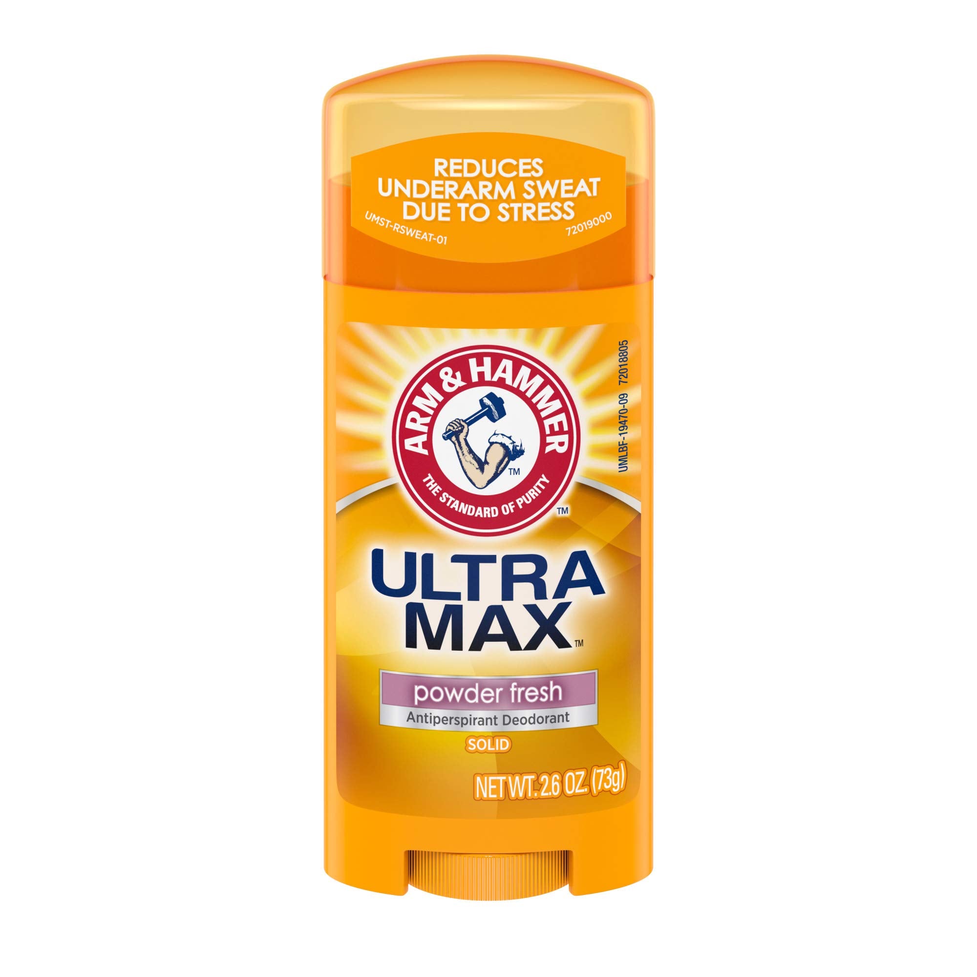 Arm & Hammer Ultra Max antiperspirant stick with powder fresh scent for daily protection.
