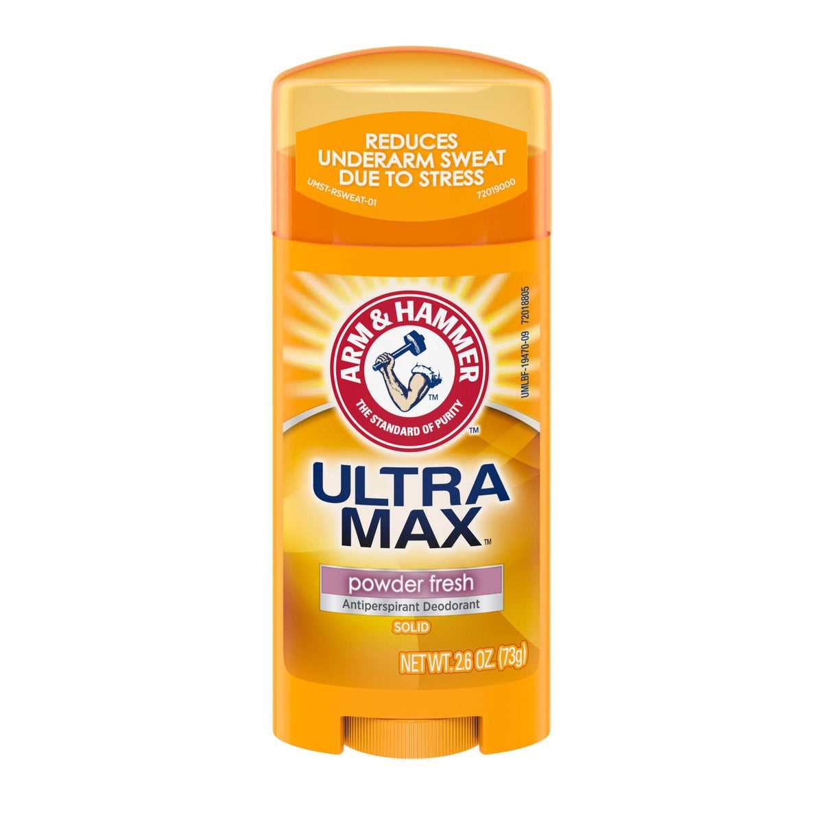 Arm & Hammer Ultra Max antiperspirant stick with powder fresh scent for daily protection.