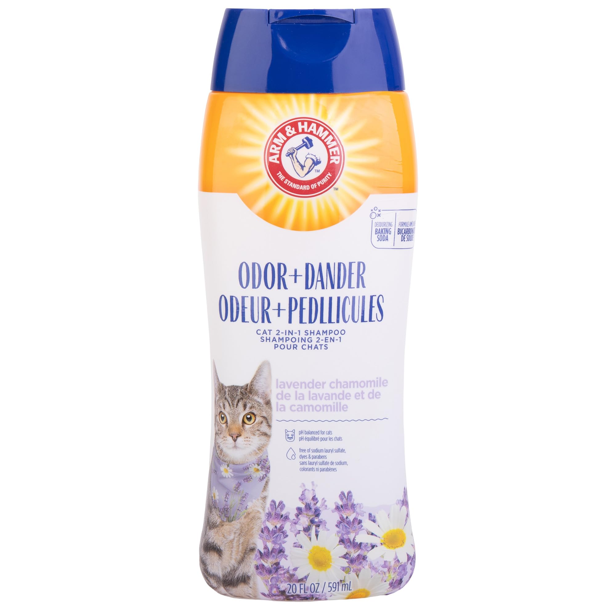 Arm and Hammer 2-in-1 cat shampoo bottle with lavender chamomile scent for odor control