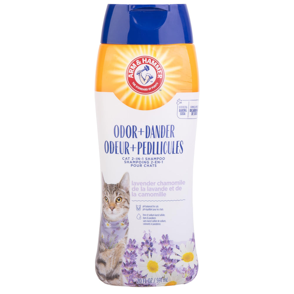 Arm and Hammer 2-in-1 cat shampoo bottle with lavender chamomile scent for odor control
