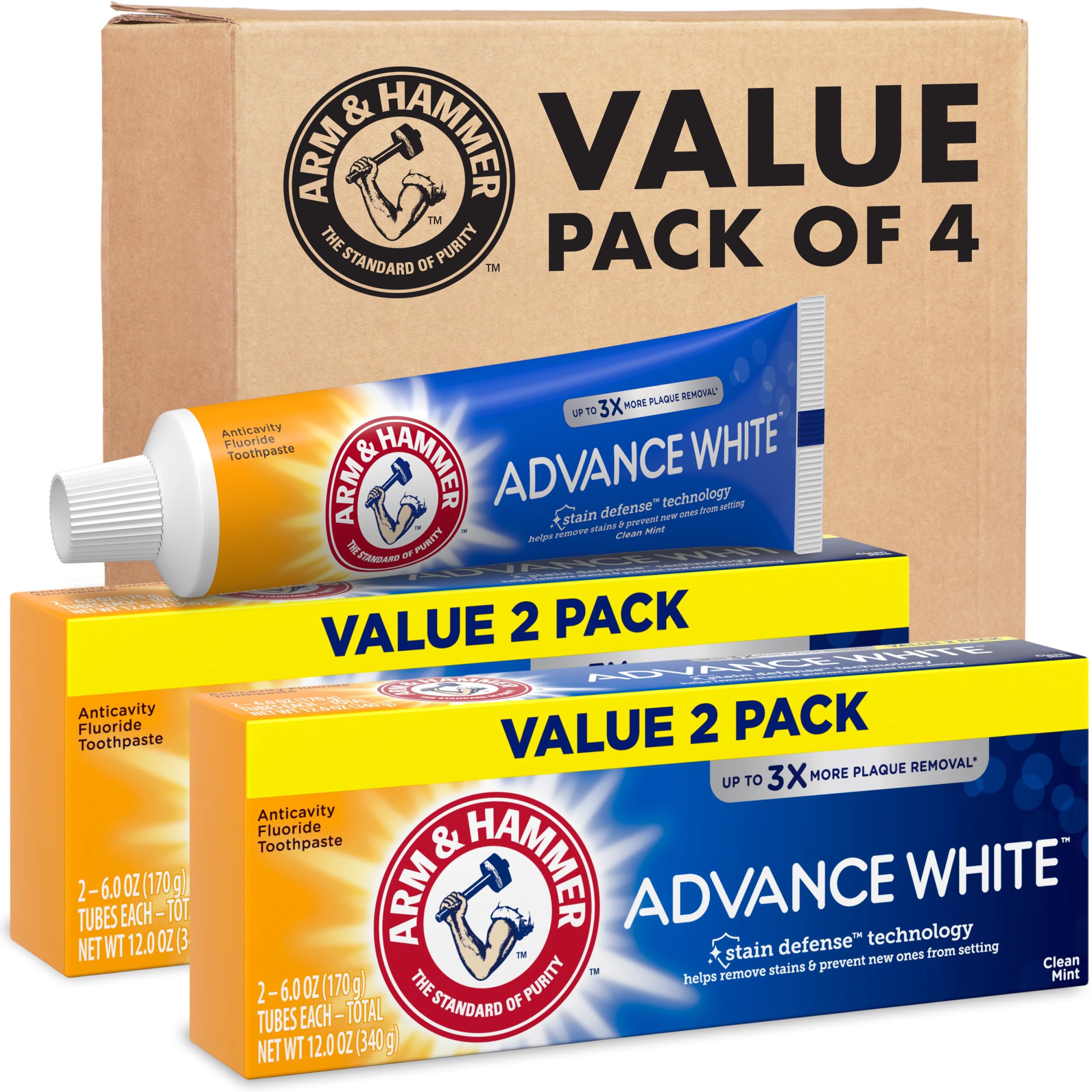 Arm & Hammer Advance White 4-pack tubes, front view, showcasing whitening toothpaste for everyday use.