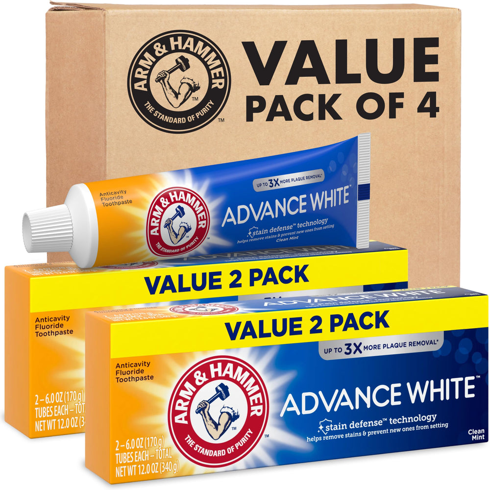 Arm & Hammer Advance White 4-pack tubes, front view, showcasing whitening toothpaste for everyday use.