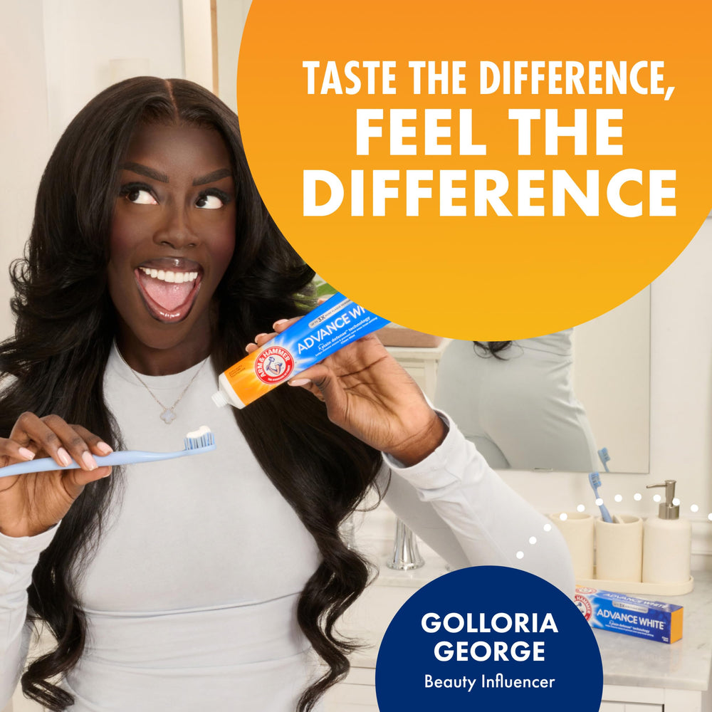 Arm & Hammer Advance White tube close-up highlighting the start of brushing routine.