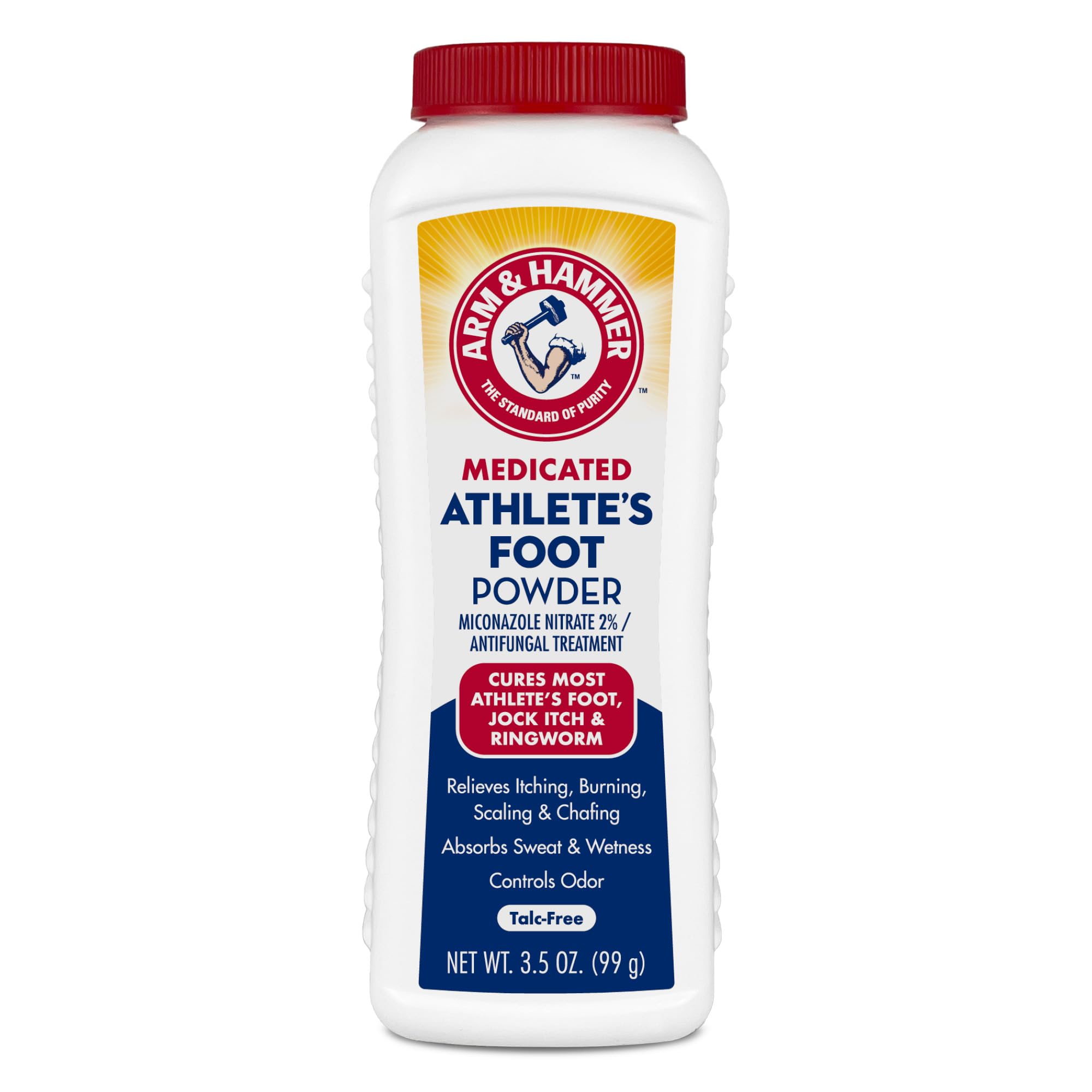 Arm and Hammer Athletes Foot Powder bottle with medicated formula for itching relief.