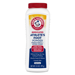 Arm and Hammer Athletes Foot Powder bottle with medicated formula for itching relief.