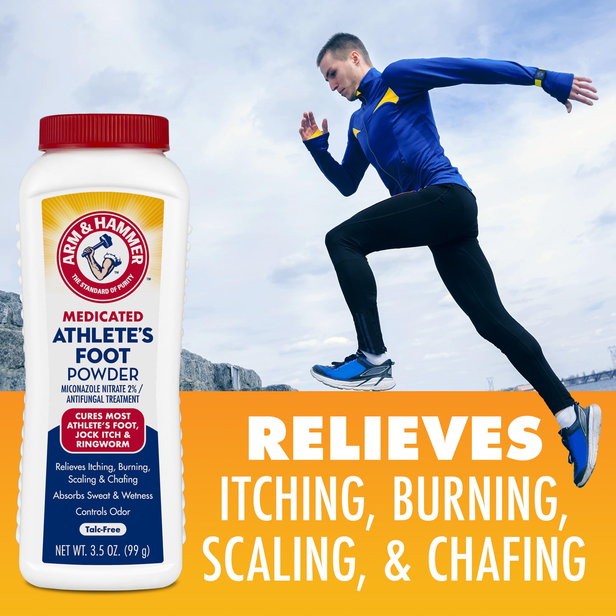 Closeup of Arm and Hammer Athletes Foot Powder tin for foot care.