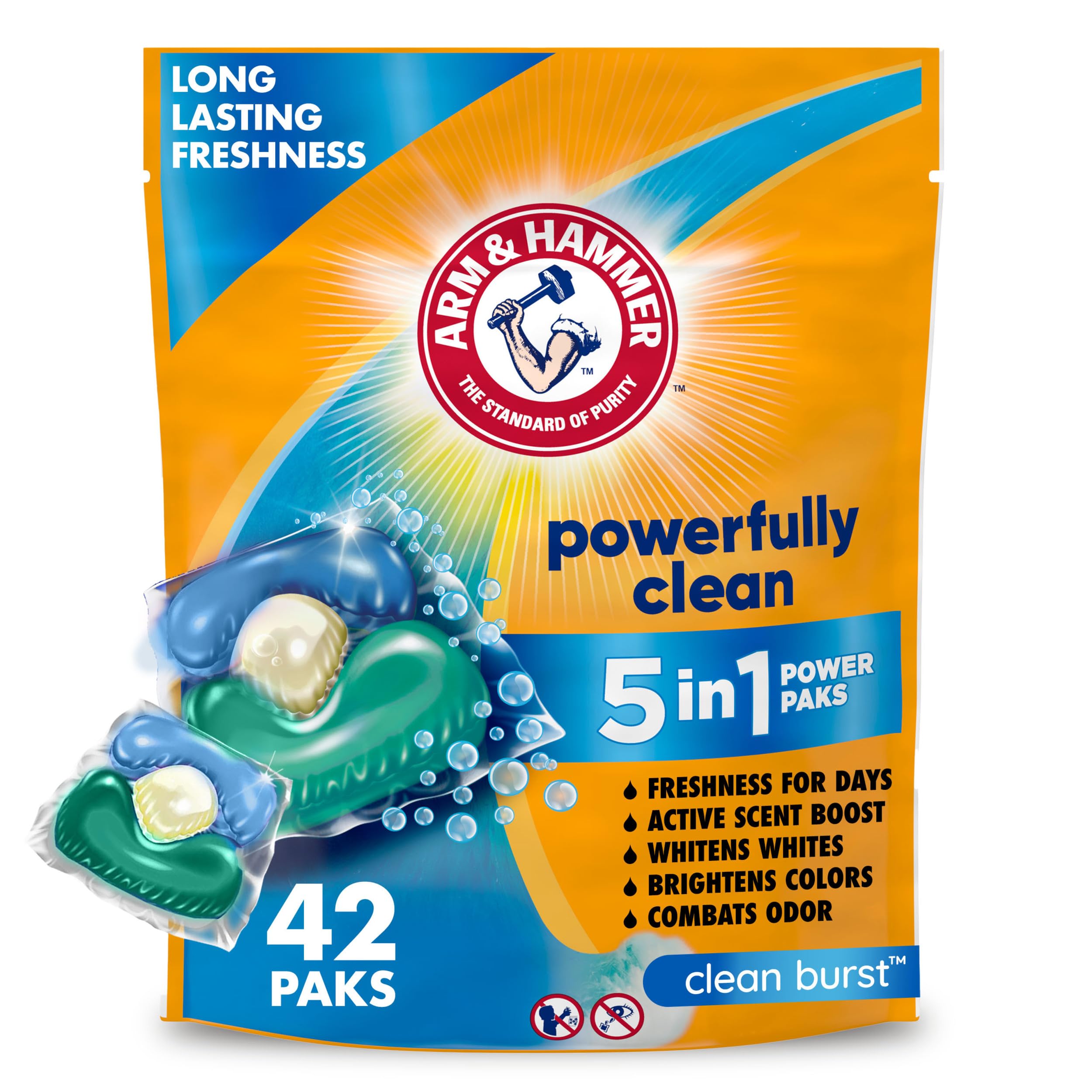 Arm & Hammer Clean Burst 5-in-1 Power Pak packaging in box.