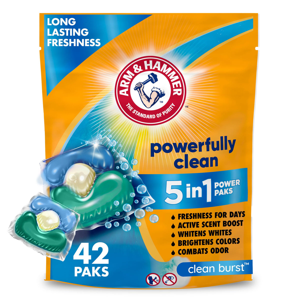 Arm & Hammer Clean Burst 5-in-1 Power Pak packaging in box.