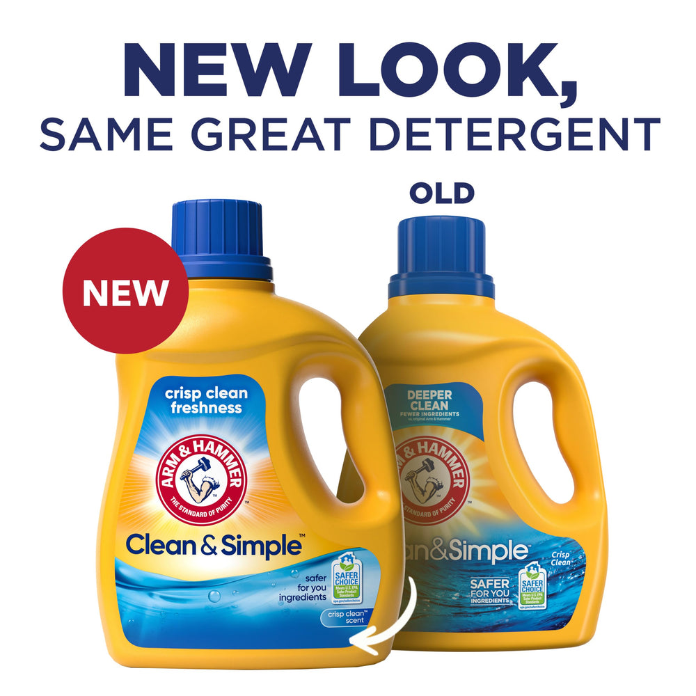 ARM & HAMMER Clean & Simple bottle label highlights three times stain fighters for tough laundry.