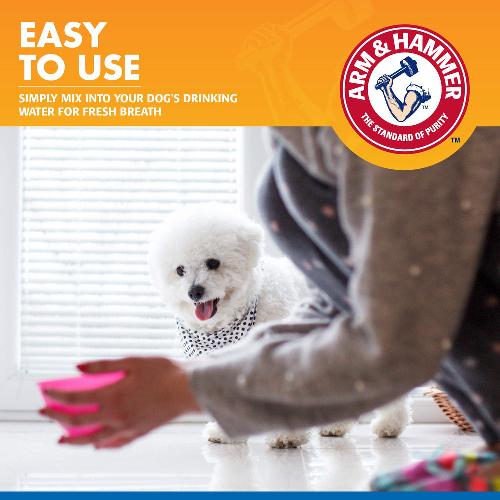 Arm & Hammer Clinical Care Dental Rinse being poured into a water bowl for easy dosing.