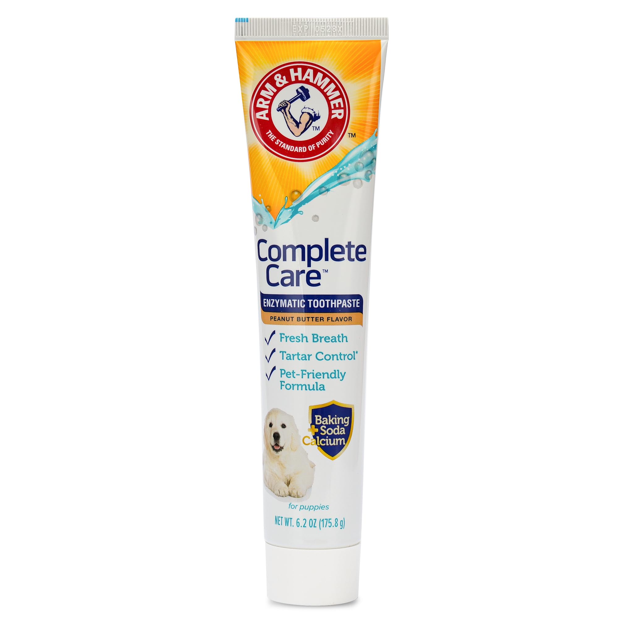 Arm & Hammer Complete Care puppy toothpaste PB flavor ready for easy brushing and fresher breath.